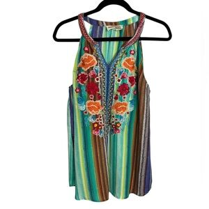 Savanna Jane Floral Embroidered Stripped Multicolor Tank Top Size Small
